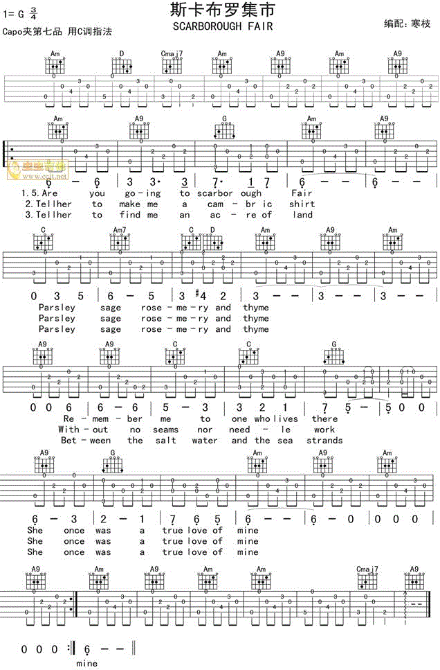 斯卡布罗集市吉他谱,c调指弹谱